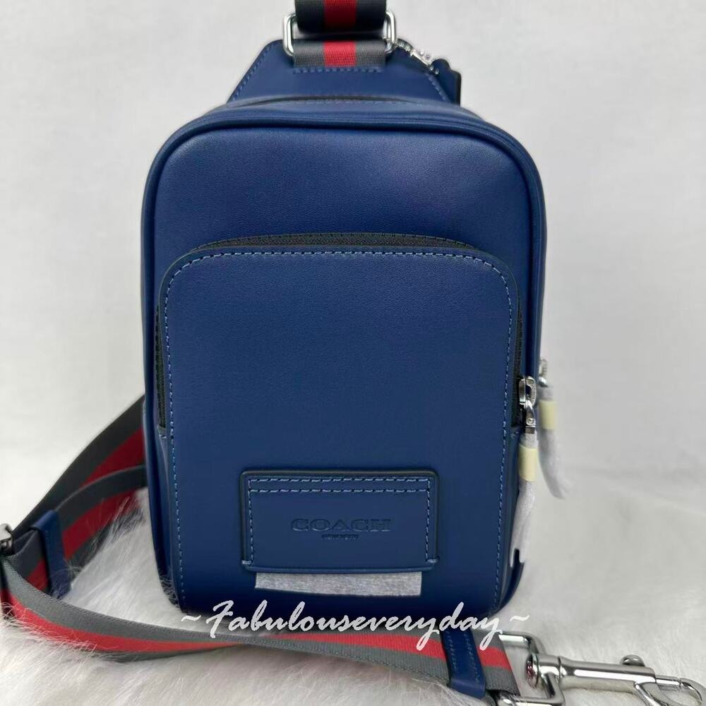 Coach Men's Racer Sling Pack With Varsity Stripe Webbing Leather/Deep Blue CDC85 - Picture 2 of 11